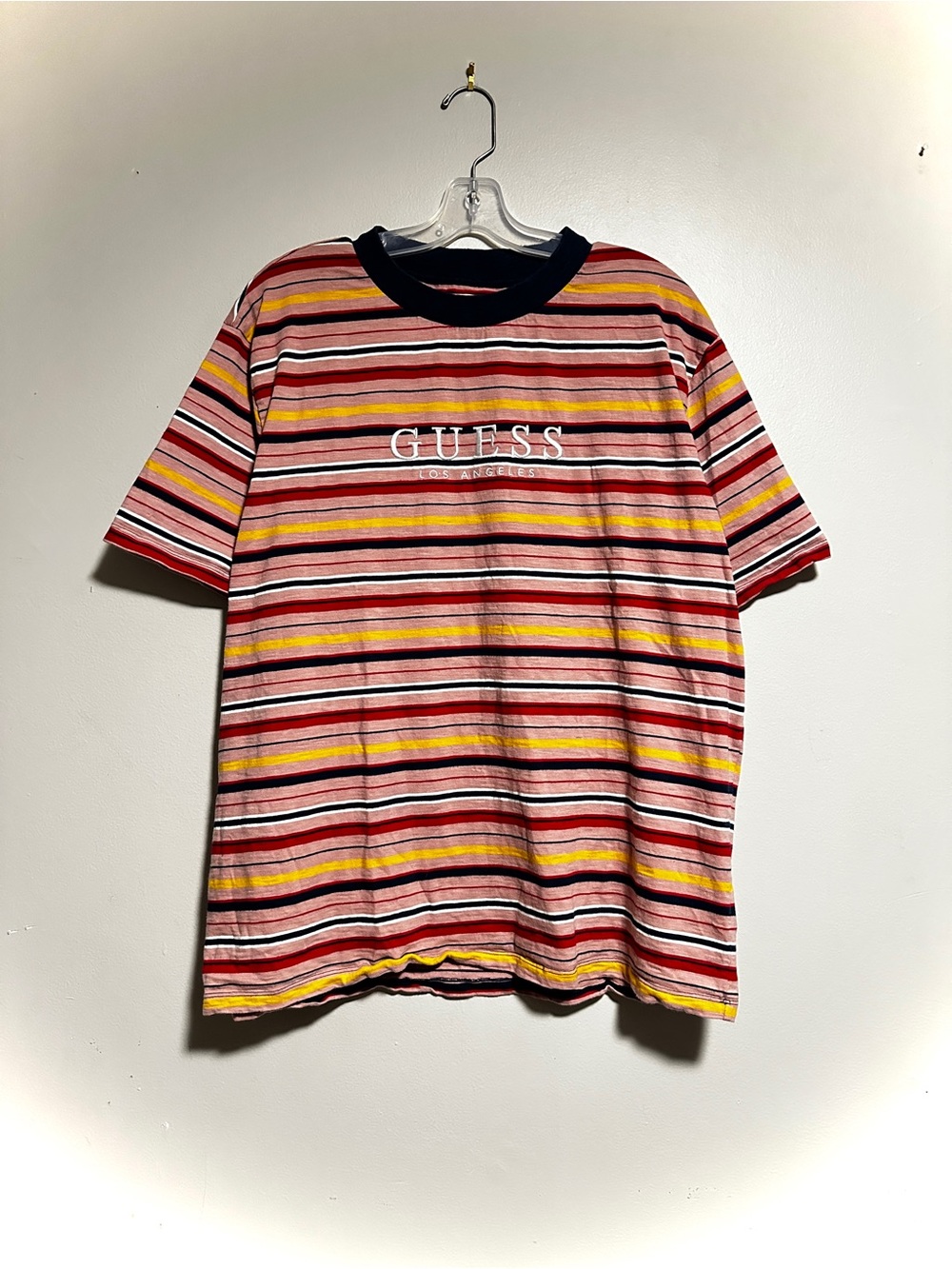 GUESS 90s Men’s Pink Multi-Striped Logo Tee